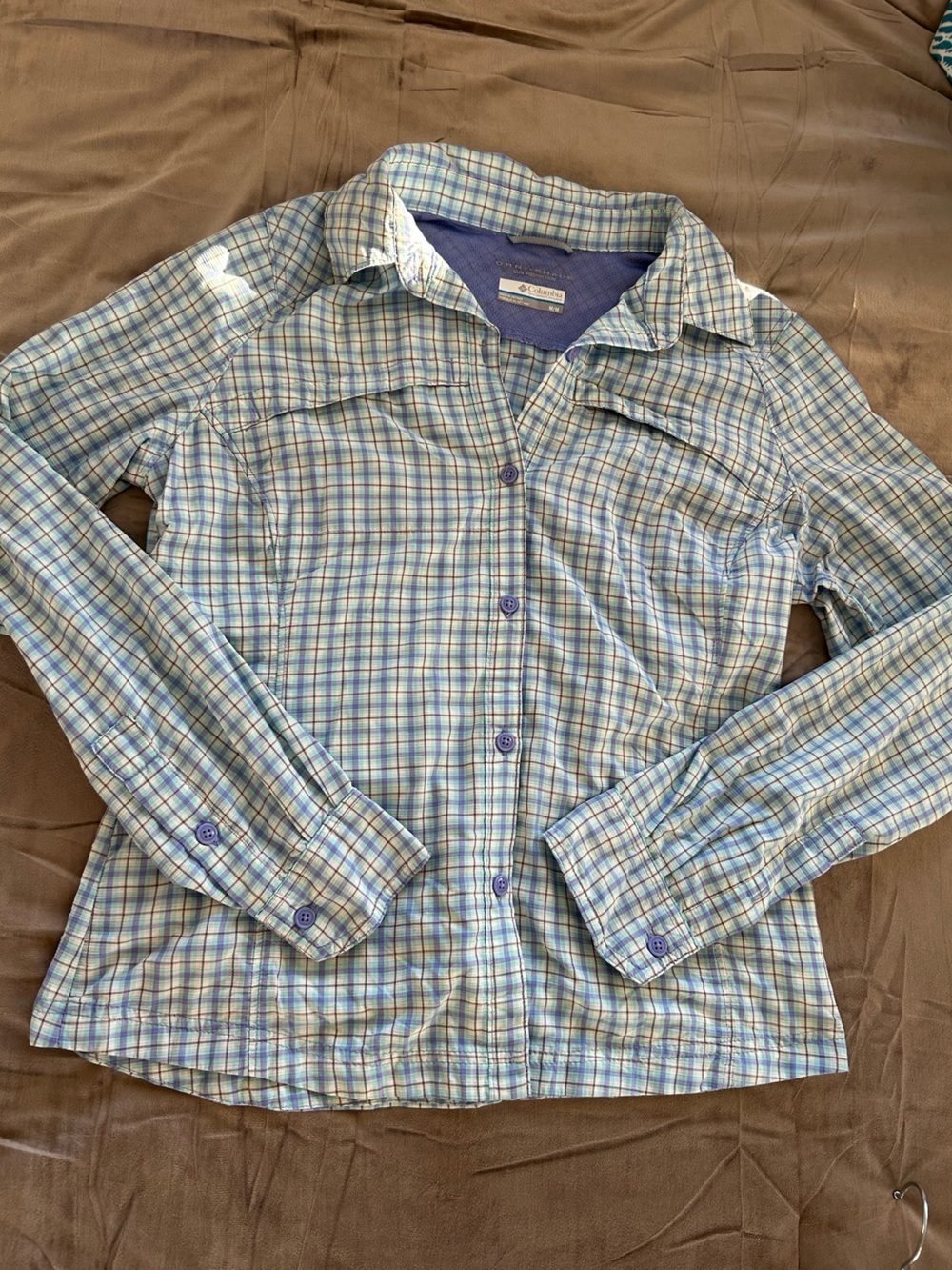 The cutest hiking shirt? Columbia light blue and purple plaid button down
